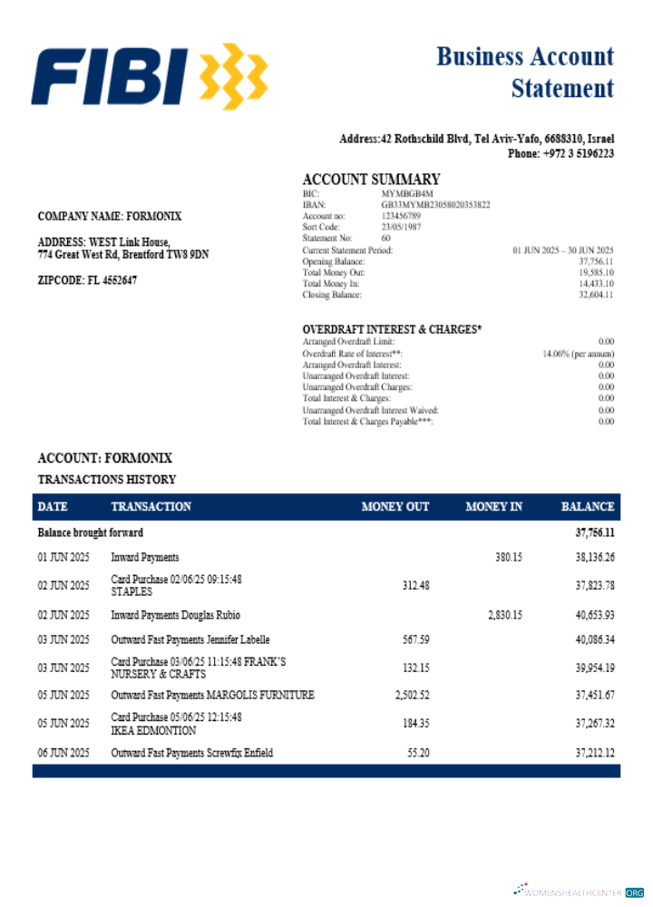 First International Bank of Israeli company checking account statement Word and PDF template